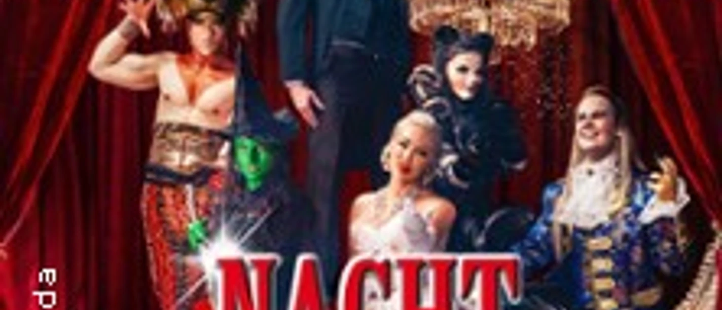 Plakat zur Musicalgala mit Darstellern, rotem Vorhang und Schriftzug „Nacht der Musicals“