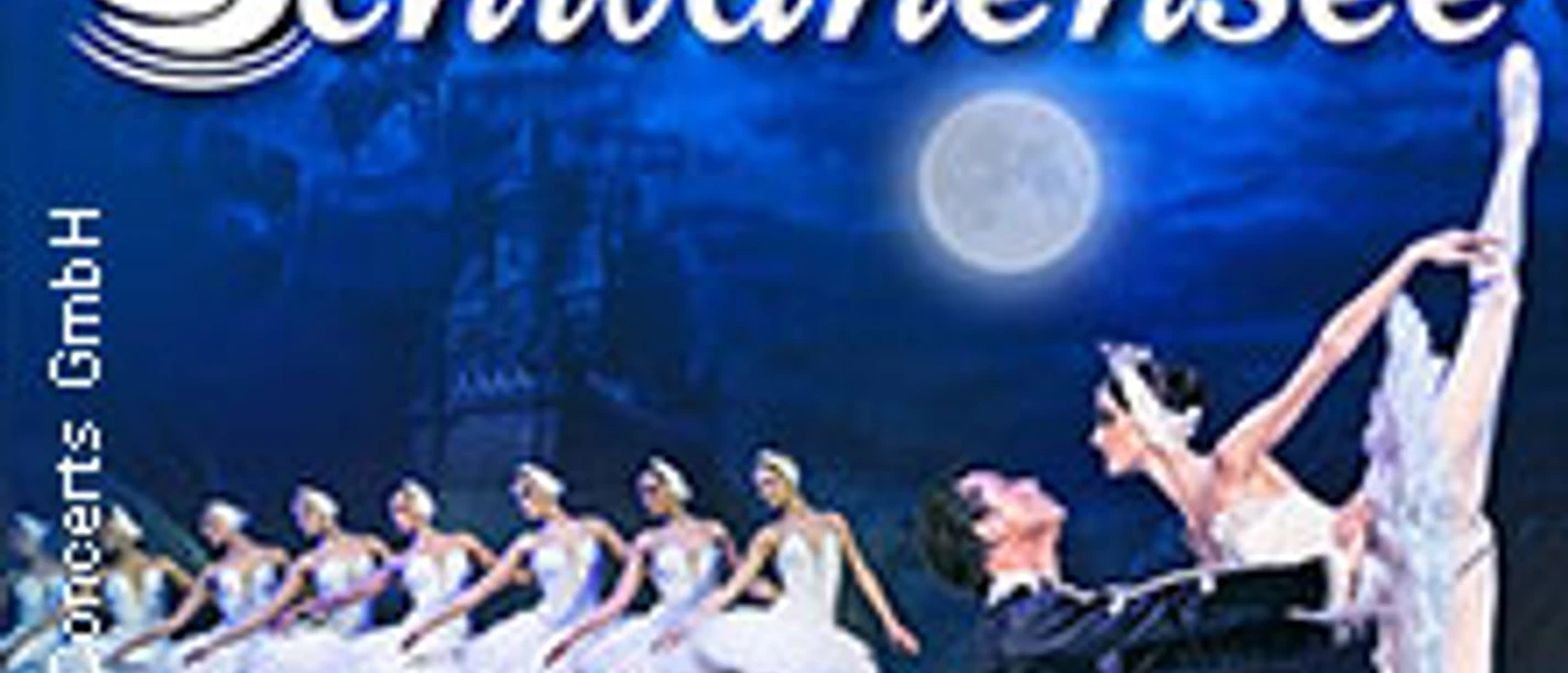 Schwanensee-Plakat mit Ballettensemble in Weiß vor blauer Bühnenkulisse
