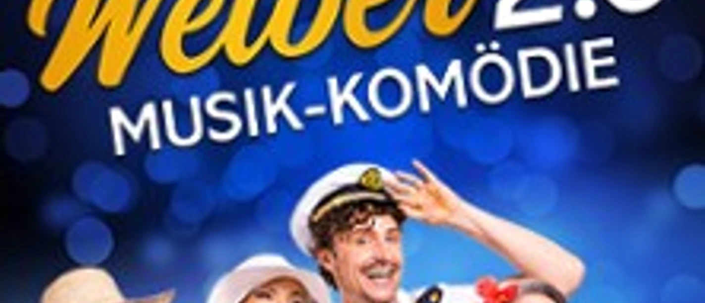 Plakat zur Musik-Komödie „Weiber 2.0“ mit vier fröhlichen Darstellenden vor blauem Hintergrund