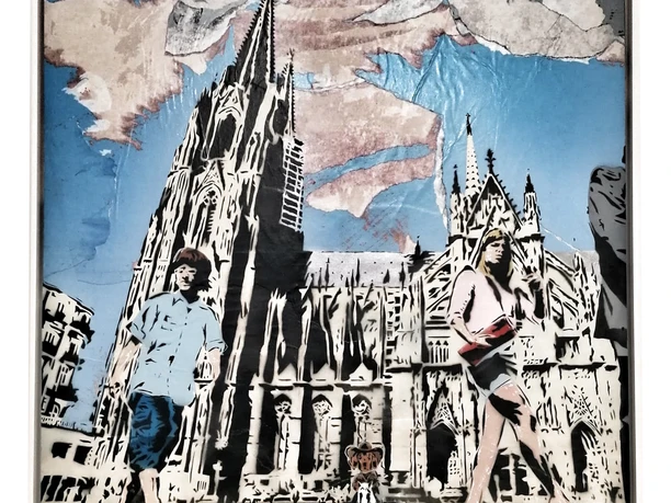 Andrea Wycisk_Willkommen in Köln.jpg Kölner Dom als Schablonenkunst mit Passanten, Hund und blauem Himmel.