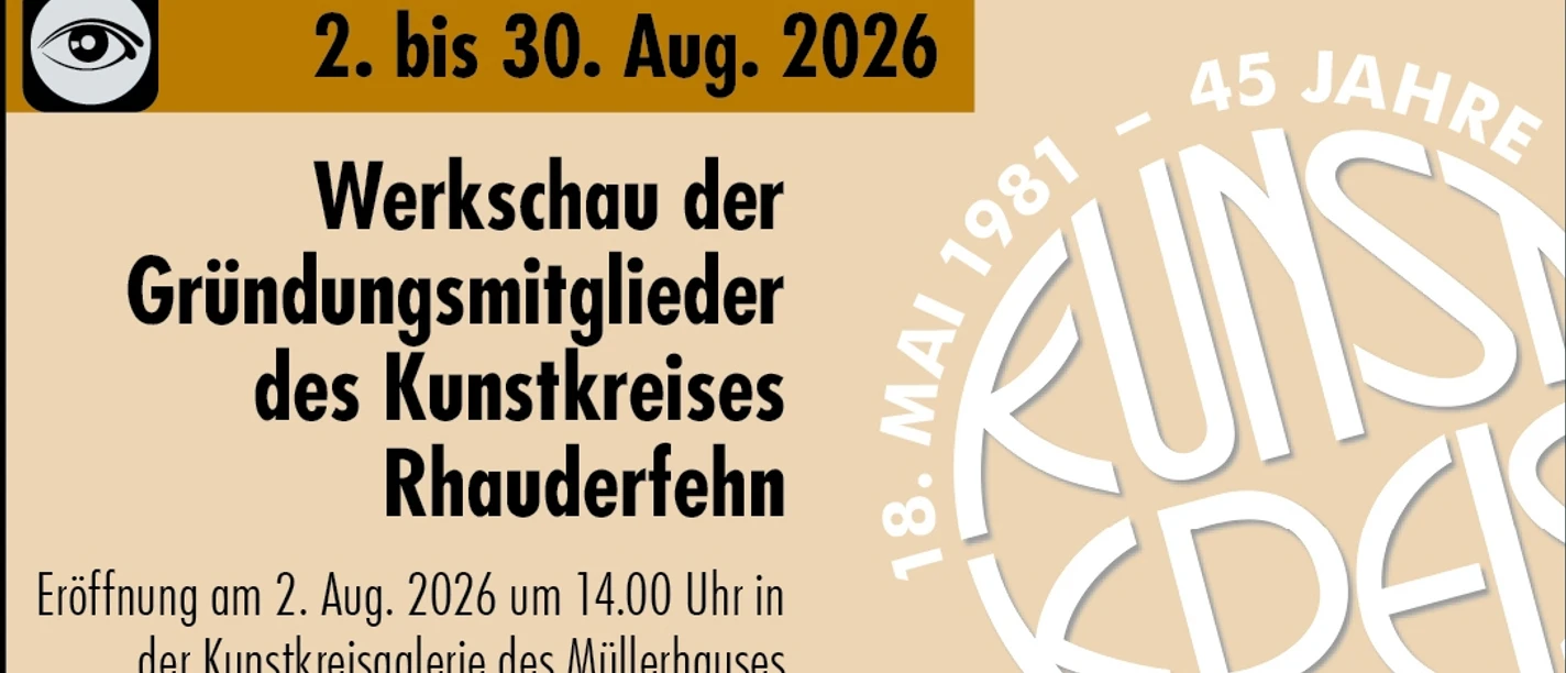 Plakat zur Werkschau der Gründungsmitglieder des Kunstkreises Rhauderfehn, 2.–30. Aug. 2026.