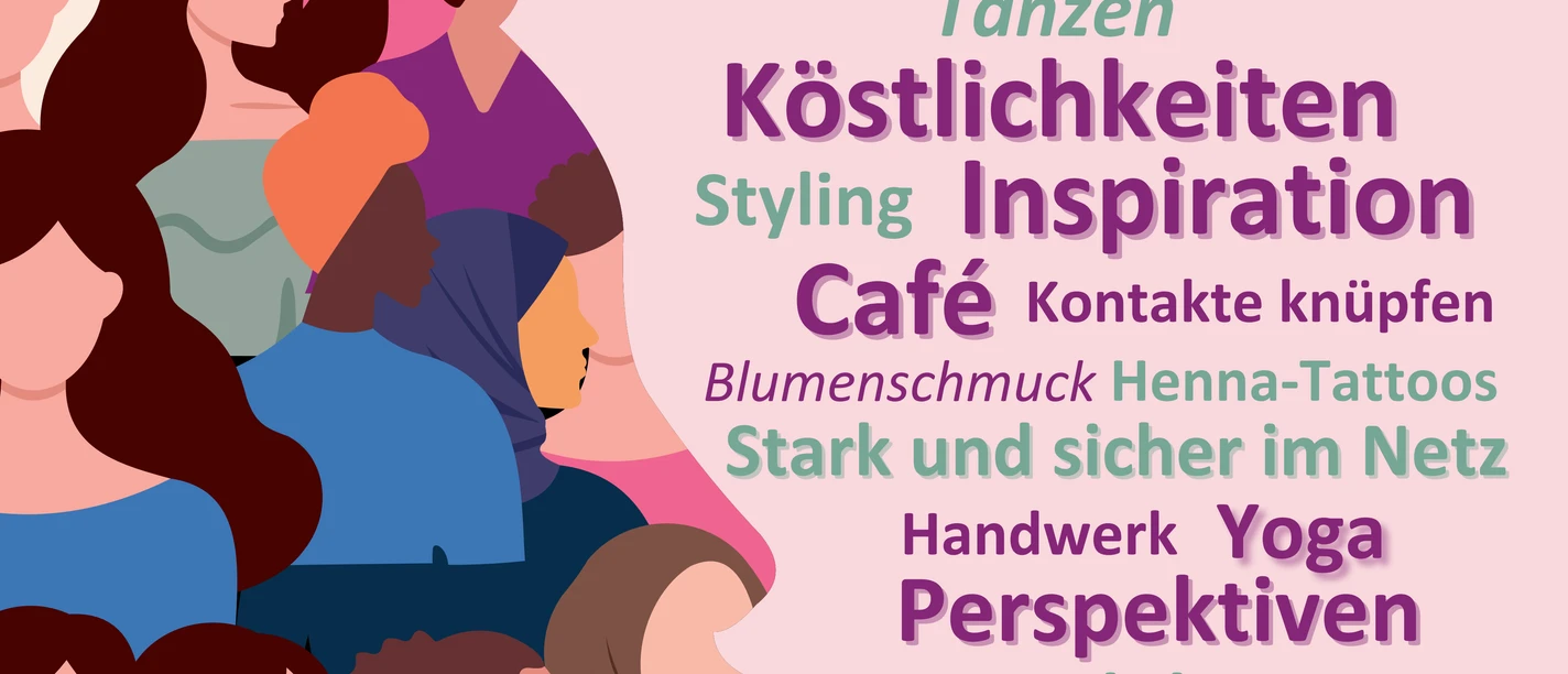 Poster FrauenKraft 2026 Poster zu Frauen*Kraft 2026 mit Frauenporträts und Programmbegriffen wie Yoga und Café.