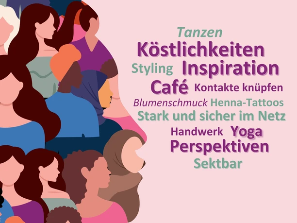 Poster FrauenKraft 2026 Poster zu Frauen*Kraft 2026 mit Frauenporträts und Programmbegriffen wie Yoga und Café.