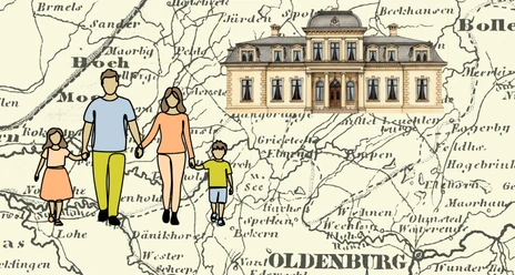 Titelbild Schloesser-Tour Familie vor historischer Karte und Palais Rastede als Motiv der Schlösser-Tour.