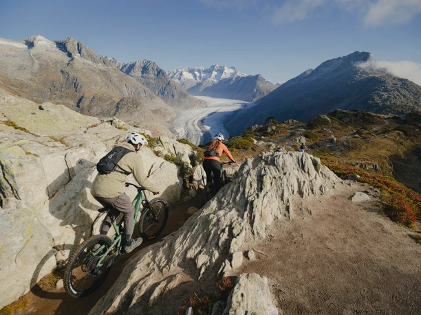 Zwei Mountainbiker fahren auf dem Blausee Trail mit Blick auf den Grossen Aletschgletscher und die Walliser Alpen.