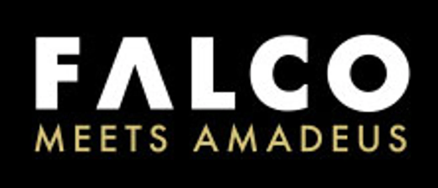 Schwarzes Logo mit weißem Schriftzug „FALCO“ und goldenem Text „MEETS AMADEUS“
