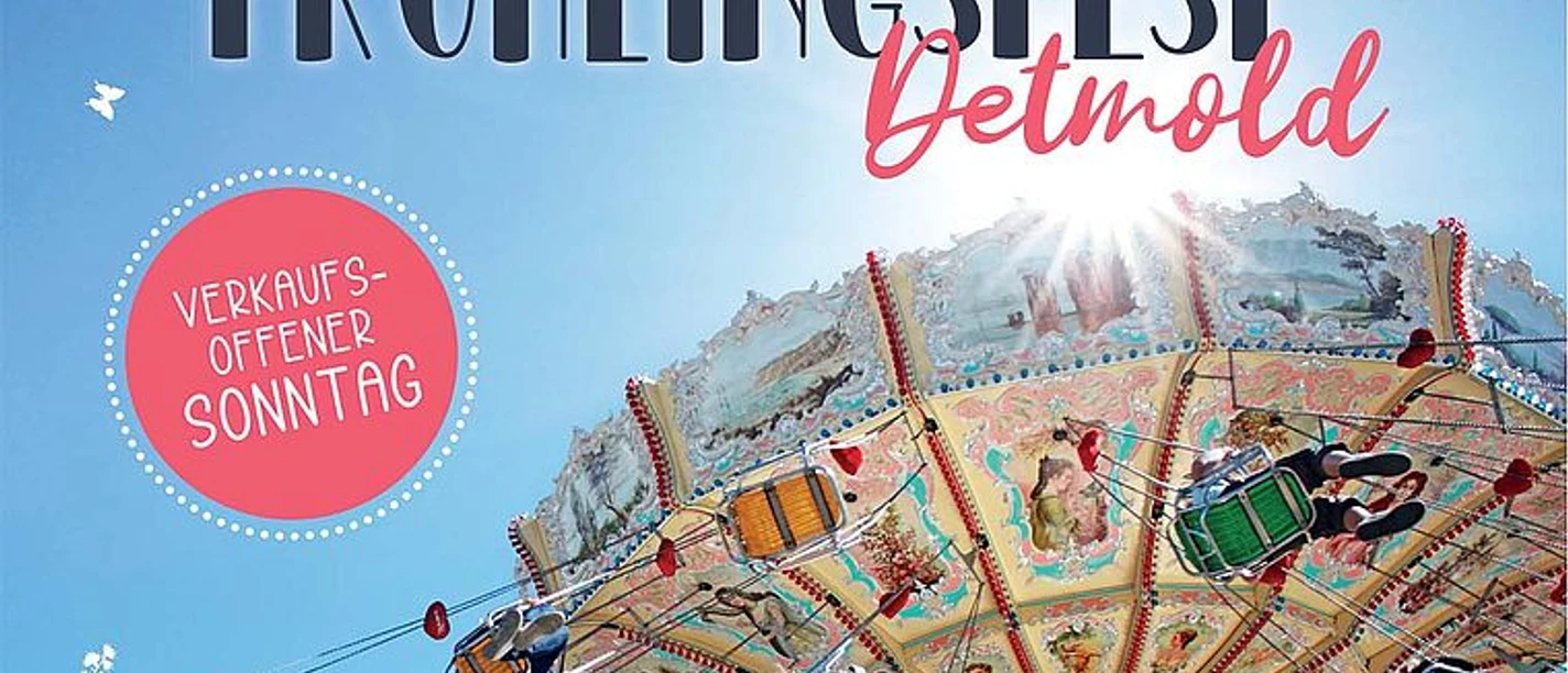 Plakat zum Frühlingsfest Detmold mit Kettenkarussell und Hinweis auf verkaufsoffenen Sonntag