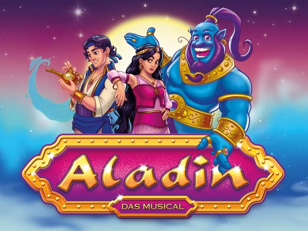 Plakat zu Aladin – das Musical mit Aladin, Prinzessin und blauem Dschinni vor Sternenhimmel