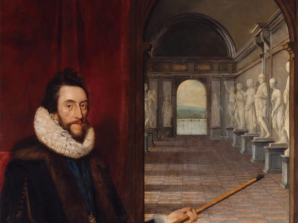 Gemälde von Daniel Mytens Porträt Thomas Howards mit Spitzenkragen, Stab und Blick in eine Skulpturengalerie