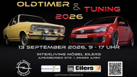 Oldtimer & Tuning.jpg Flyer zu Oldtimer & Tuning 2026 mit gelbem Oldtimer und rotem Tuningauto.
