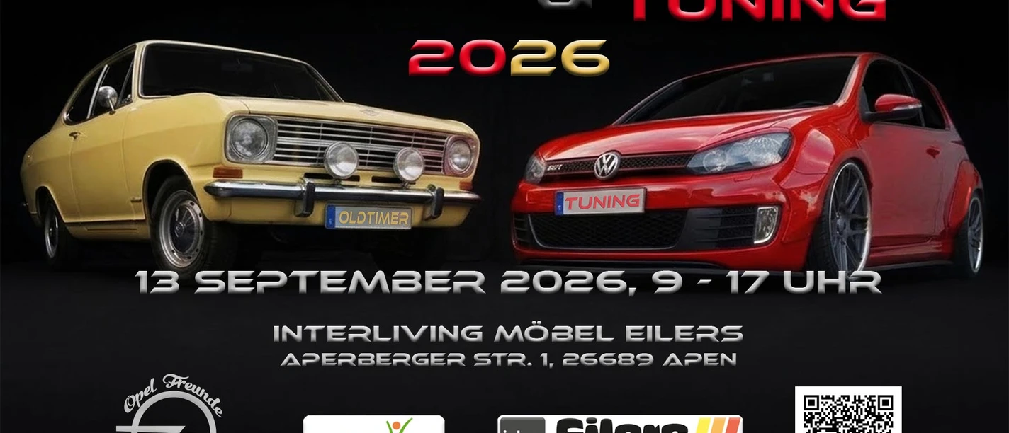 Oldtimer & Tuning.jpg Flyer zu Oldtimer & Tuning 2026 mit gelbem Oldtimer und rotem Tuningauto.