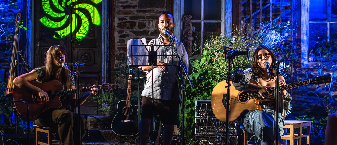 'All Inkl.' Drei Mitglieder von All Inkl. singen und spielen Gitarren bei blau beleuchtetem Auftritt
