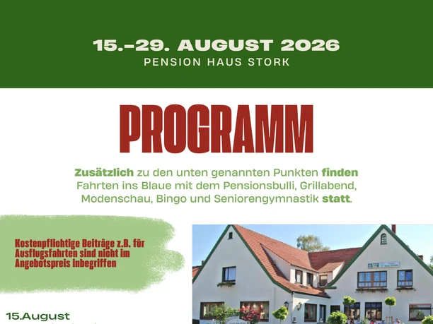 Sommerangebot August 2026 Pension Stork Angebotsflyer der Pension Haus Stork für den Zeitraum 15. bis 29. August 2026.