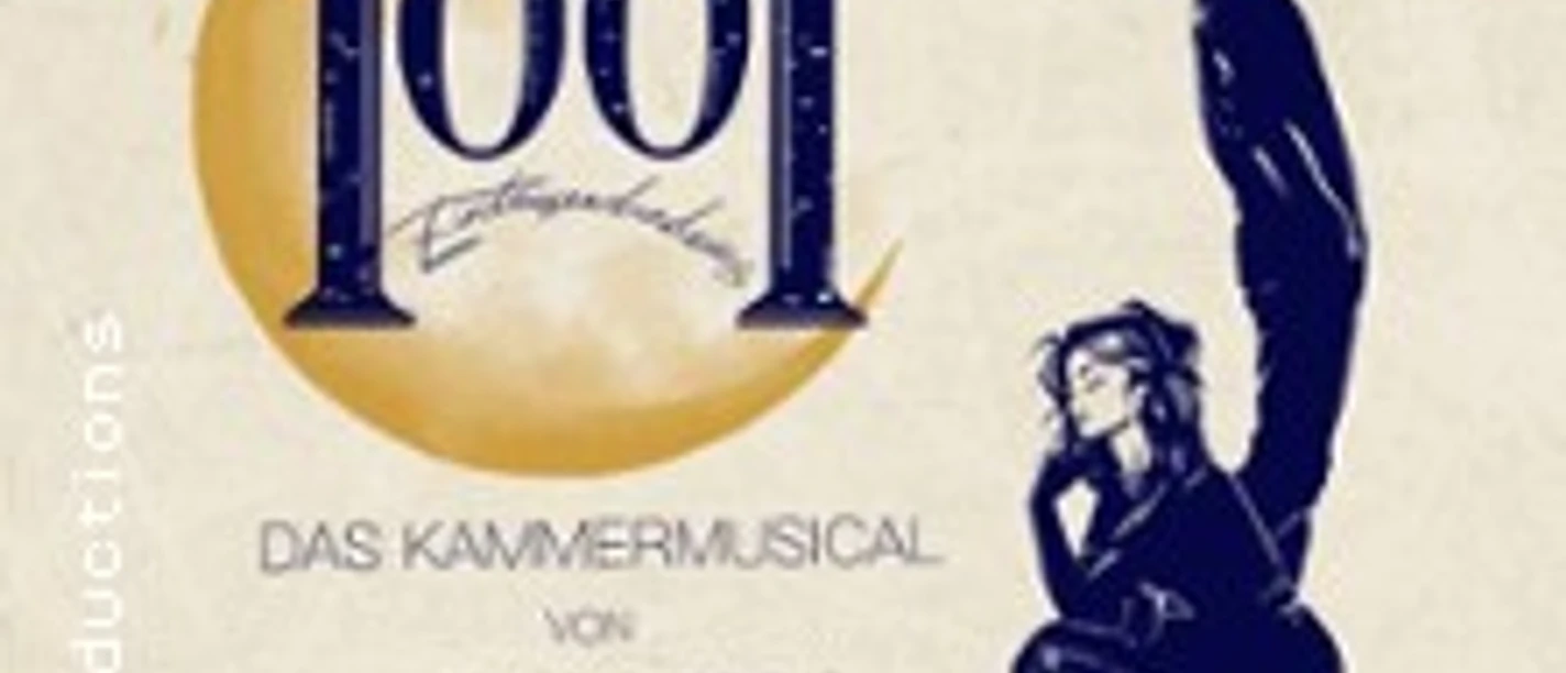 Theaterplakat zu „1001“: Künstlerin auf Rundbögen vor goldener Sichel