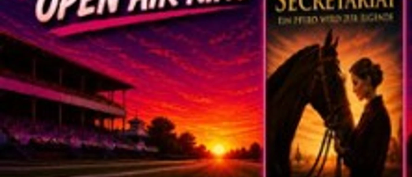 Plakat zum Open-Air-Kino „Secretariat“ bei Sonnenuntergang auf der Galopprennbahn Köln