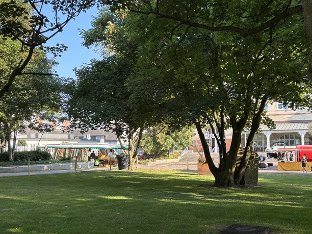 Schattiger Rathauspark in Westerland mit Wochenmarkt