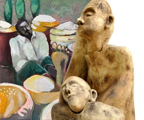 Kunstausstellung-Zeitgenossen.jpg Zwei Tonfiguren vor farbiger Malerei