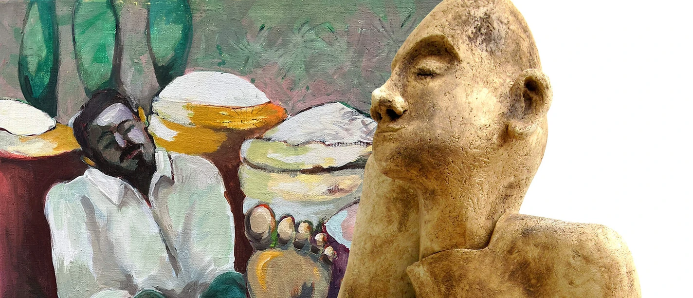 Kunstausstellung-Zeitgenossen.jpg Zwei Tonfiguren vor farbiger Malerei