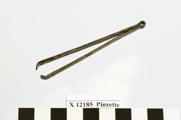 Tweezers Corroded metal tweezers with find number X 12185 and scale