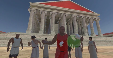 VR Paulus 5 Minigame Ephesus VR-Szene mit Figuren vor antikem Tempel in Ephesus