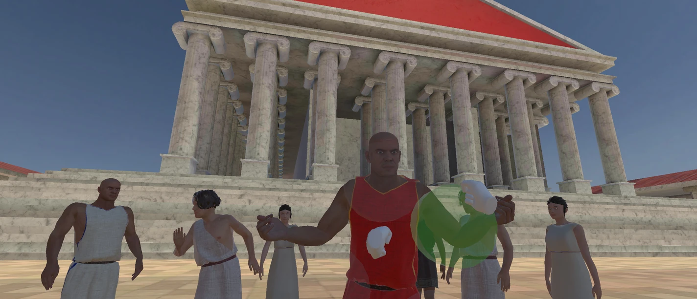 VR Paulus 5 Minigame Ephesus VR-Szene mit Figuren vor antikem Tempel in Ephesus