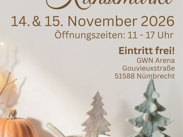 Plakat zum Herbst-Winter-Werkkunstmarkt 2026 mit Kürbis, Filztannen und Termindaten