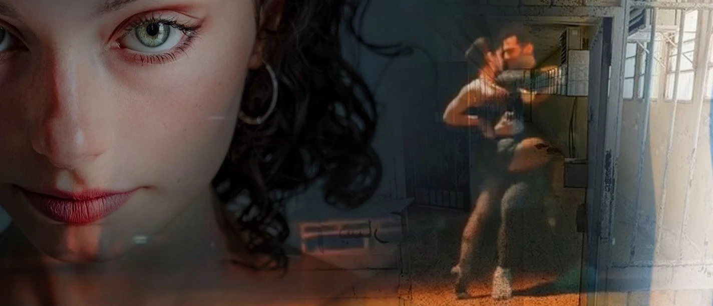 Collage mit dem Porträt einer jungen Frau und einer verschwommenen Umarmung in einem verlassen wirkenden Gebäude – geheimnisvolle Atmosphäre.