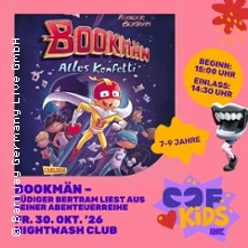 Buntes BOOKMÄN-Plakat mit Comic-Superheld, Roboterhand und C2C Kids Logo