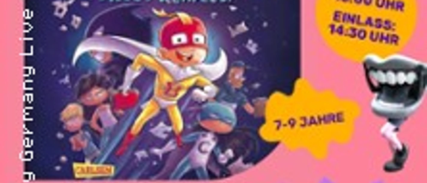 Buntes BOOKMÄN-Plakat mit Comic-Superheld, Roboterhand und C2C Kids Logo
