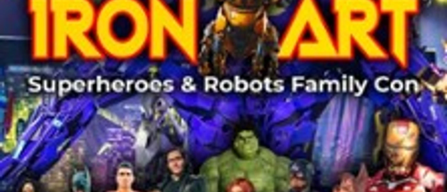 Werbegrafik zur Iron Art mit Superhelden, Robotern und leuchtender Messekulisse