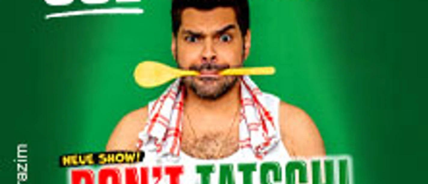 Grünes Comedy-Plakat mit Joe di Nardo, Schlägern im Mund und großem Showtitel