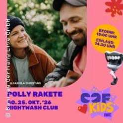 Plakat zu Polly Rakete mit zwei lachenden Personen und rosa Hintergrund für CØF Kids in Köln
