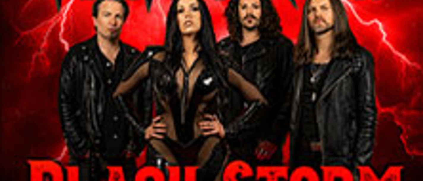 Rotes Konzertplakat von Velvet Rush mit Bandfoto und Schriftzug Black Storm Tour 2027