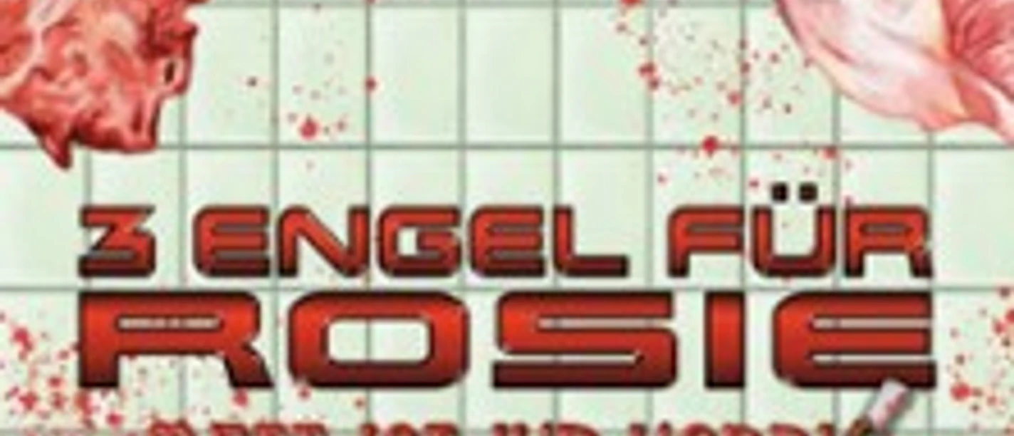 Plakat zu „3 Engel für Rosie – Mett ist ihr Hobby“ mit Fleischmotiv und blutigen Fliesen