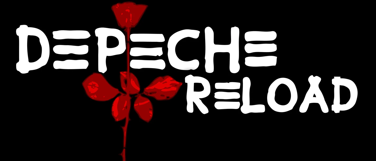 Logo „Depeche Reload“ mit weißen Schriftzügen und roter Rose auf schwarzem Hintergrund.