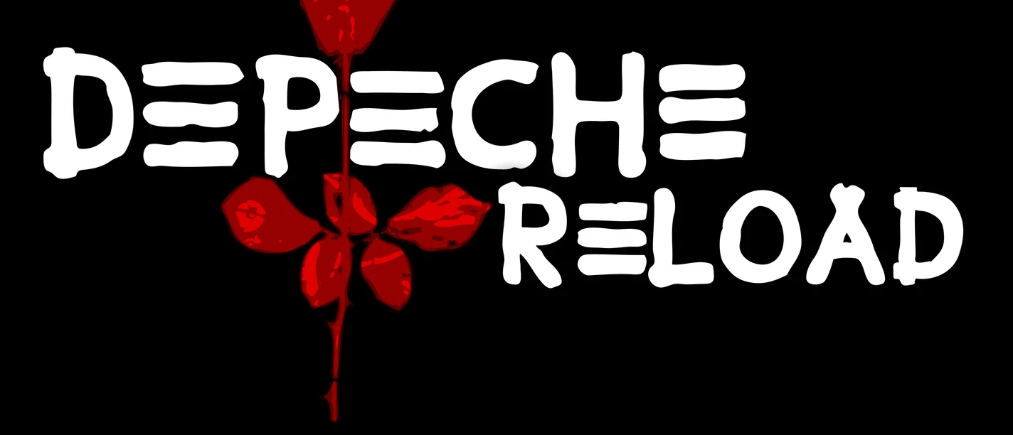 DepecheReload_Logo_A1.jpg Logo „Depeche Reload“ mit weißen Schriftzügen und roter Rose auf schwarzem Hintergrund.