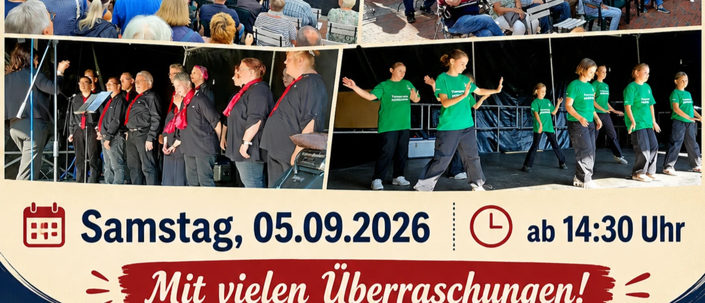 Plakat Festival der Chöre Visquard Plakat zum Rendezvous der Chöre in Visquard mit Bühnenfotos, Datum und Uhrzeit.