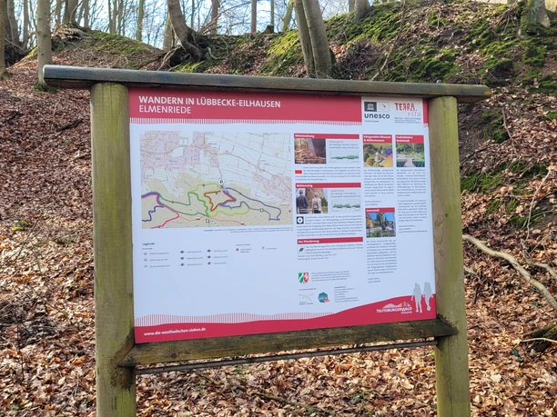 Wanderpark Elemenriede Informationstafel mit Wanderkarte im Wald des Wiehengebirges bei Lübbecke-Eilhausen.