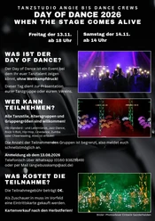 Flyer zum Day of Dance 2026 mit Terminen, Infos zur Teilnahme und beleuchteten Bühnenfotos.