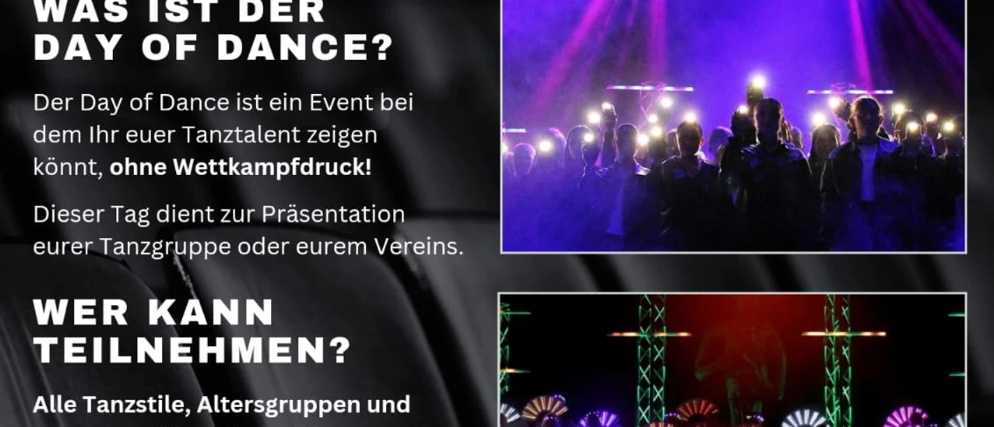 Flyer zum Day of Dance 2026 mit Terminen, Infos zur Teilnahme und beleuchteten Bühnenfotos.