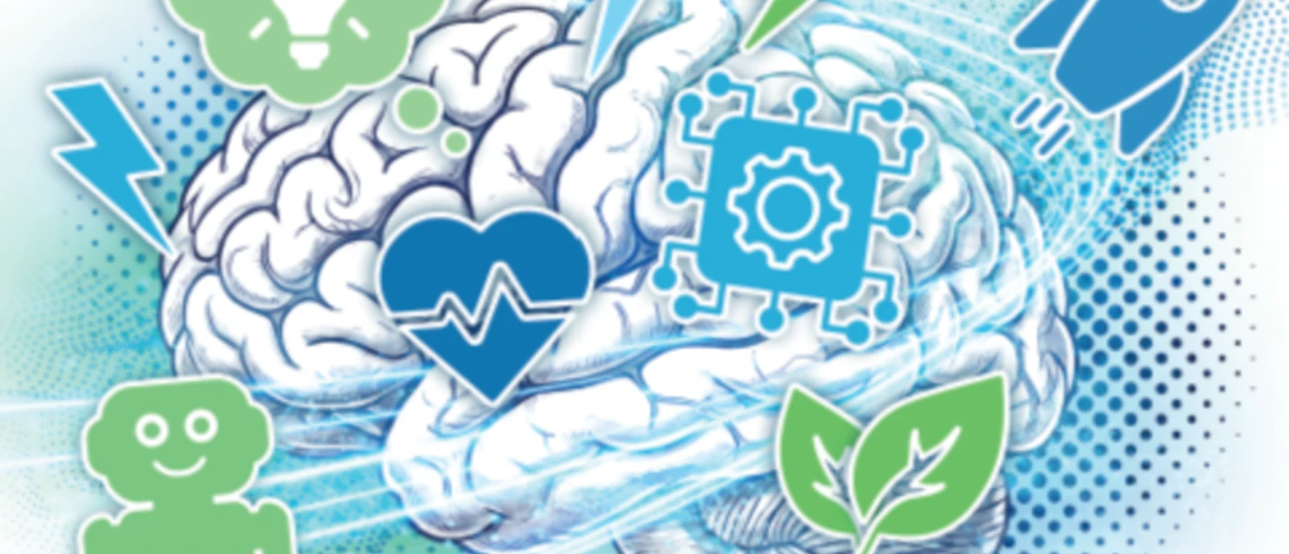 Illustration eines Gehirns mit Symbolen für Technik, Gesundheit, Ideen und Nachhaltigkeit