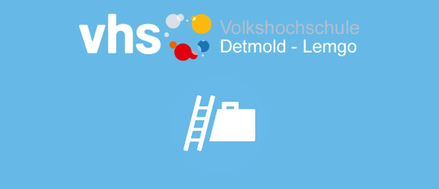 Logo der Volkshochschule Detmold-Lemgo auf blauem Grund mit weißem Ordnersymbol