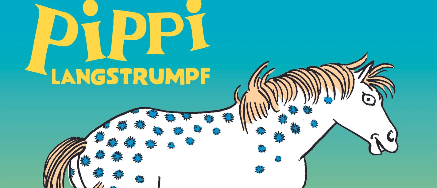 Pippi Langstrumpf hebt ihr gepunktetes Pferd vor türkis-gelbem Hintergrund.