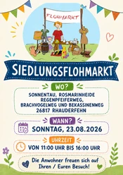 Siedlungsflohmarkt 2026 Rhauderfehn-Mitte Illustration eines Flohmarktstands mit einer Person, Tieren und verschiedenen Gegenständen unter einem Banner mit der Aufschrift 'FLOHMARKT'