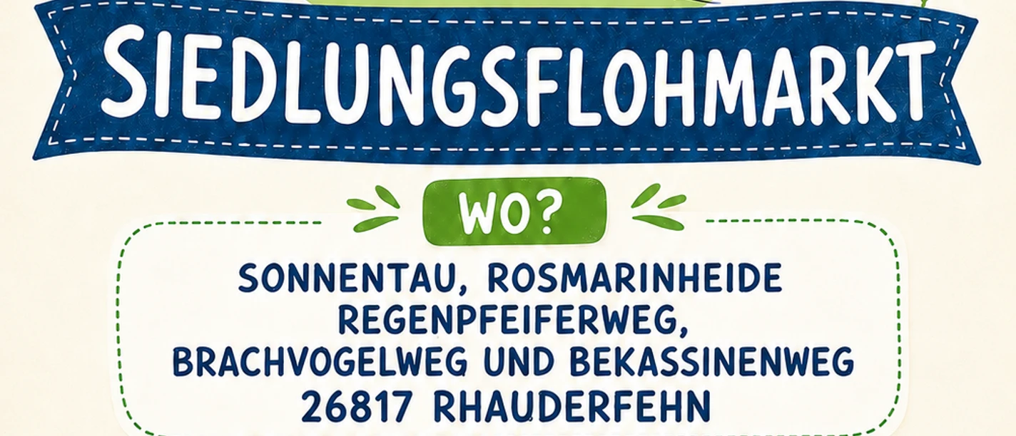 Siedlungsflohmarkt 2026 Rhauderfehn-Mitte Illustration eines Flohmarktstands mit einer Person, Tieren und verschiedenen Gegenständen unter einem Banner mit der Aufschrift 'FLOHMARKT'