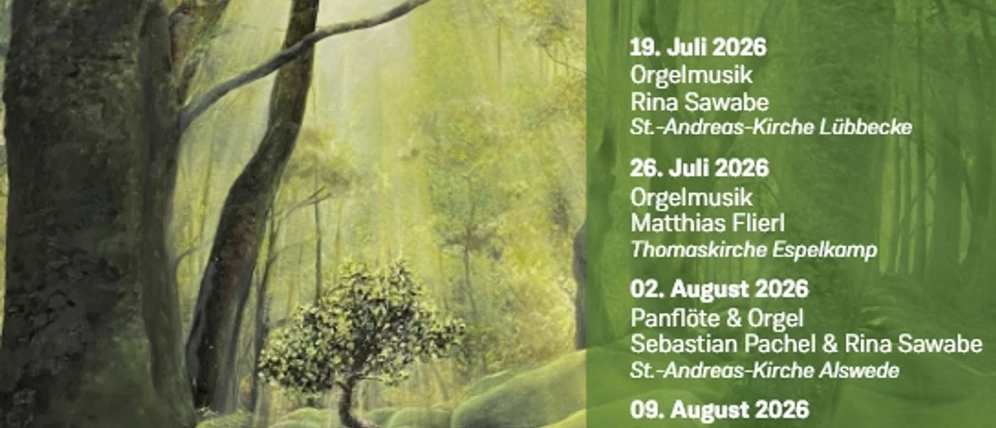 Orgelsommer 2026 Plakat zum Orgelsommer 2026 des Kirchenkreises Lübbecke mit Terminen vor einem hellen Waldmotiv.