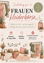 Frauenkleiderbörse.jpg Einladungsplakat zur Frauenkleiderbörse mit Aquarellillustrationen von Kleidung, Accessoires und Wohnaccessoires sowie Veranstaltungsdetails