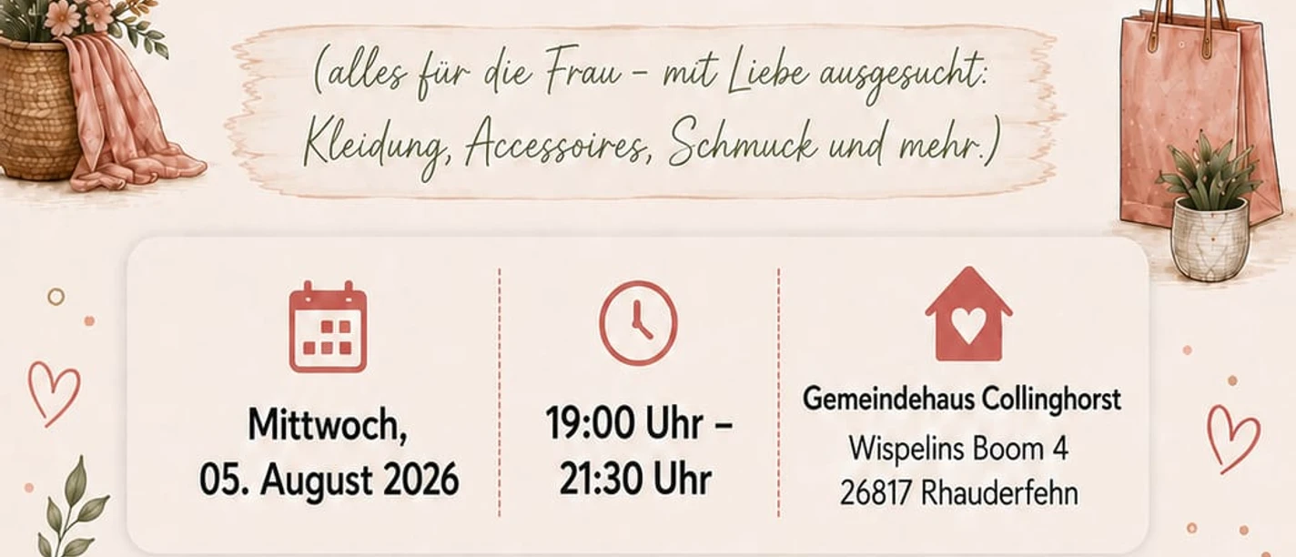 Frauenkleiderbörse.jpg Einladungsplakat zur Frauenkleiderbörse mit Aquarellillustrationen von Kleidung, Accessoires und Wohnaccessoires sowie Veranstaltungsdetails