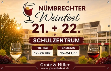 Nümbrechter Weinfest Plakat zum Nümbrechter Weinfest am 21. und 22. mit Weingläsern vor dem Schulzentrum