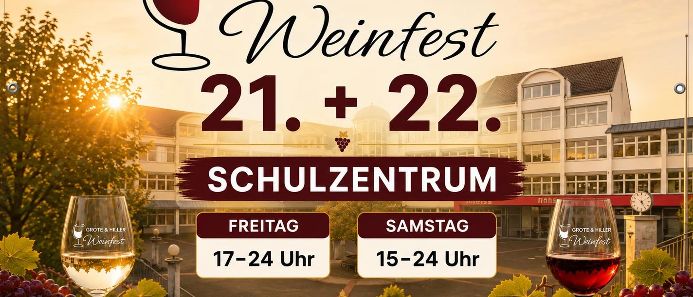 Nümbrechter Weinfest Plakat zum Nümbrechter Weinfest am 21. und 22. mit Weingläsern vor dem Schulzentrum